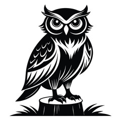 Striking Black Silhouette Detailed Owl Perched Stably Upon A Rustic Tree Stump