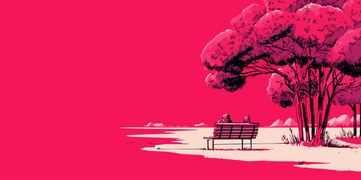 Romantic graphic illustration of two people sitting on a park bench under vibrant pink trees.