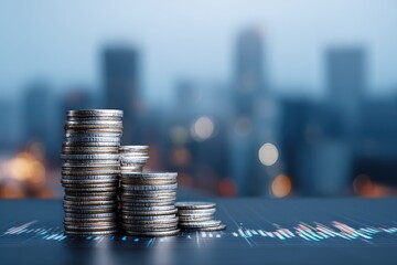 Stacks of silver coins, ascending in height,  sit on a dark surface with financial chart lines visible in the background.  City lights softly blur in the backdrop
