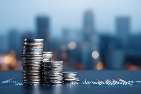 Stacks of silver coins, ascending in height,  sit on a dark surface with financial chart lines visible in the background.  City lights softly blur in the backdrop - Powered by Adobe