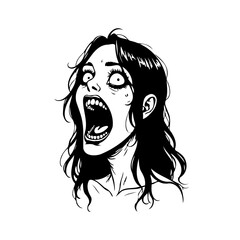 Expressive illustration of a screaming woman with exaggerated features against a clean white