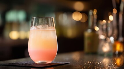 A vibrant Paloma cocktail sits on a polished bar, featuring a gradient of colors. The ambiance is warm and inviting with blurred lights in the background, creating a lively atmosphere