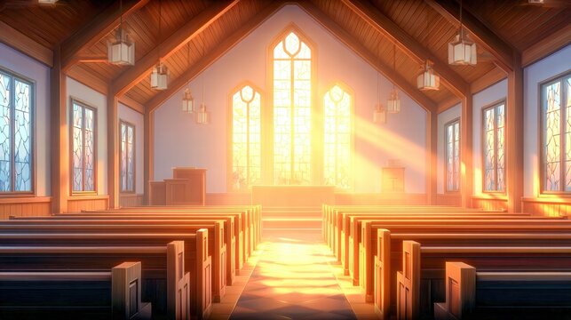 Warm sunlight streams into a serene church interior, creating a peaceful ambiance.