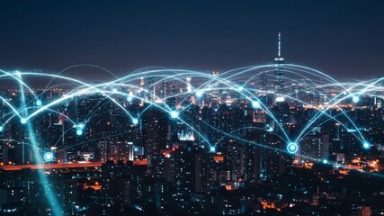 Dynamic city skyline at night with glowing connections showing digital network and data transfer - Powered by Adobe