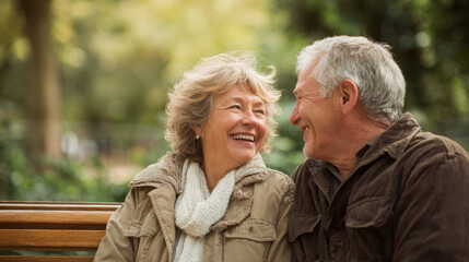 Fototapeta premium Senior couple laughing and enjoying each other company on park bench during daylight, surrounded by greenery, conveying happiness and companionship, capturing joyful moment in nature