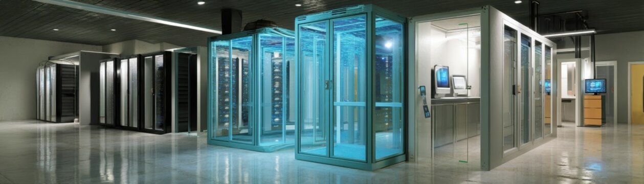 Secure server room with biometric access and security screens