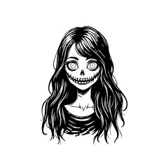 Hauntingly beautiful monochromatic illustration showcases a female figure with a skull-like face