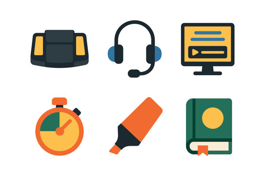 vector colorful flat filled icons transcriber (tools): foot pedal headset transcription software timer highlighter reference book.