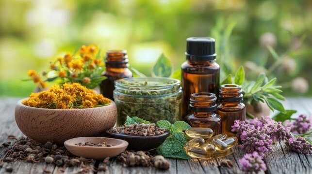 A wooden table with a bowl of dried herbs and a jar of essential oils, surrounded by greenery and flowers in a natural setting.
