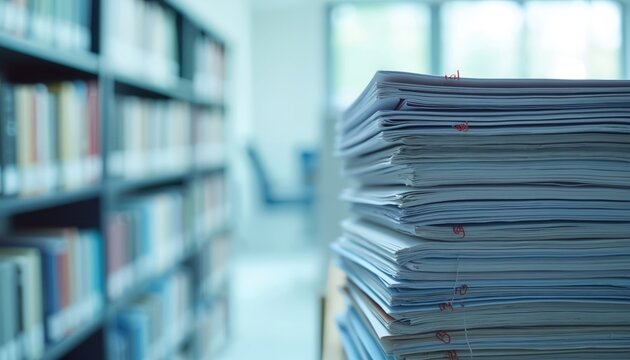 Stack of research papers in library. Medical journals, scientific articles, academic documents organized on shelves. Information resources for health studies, clinical trials, scientific exploration.