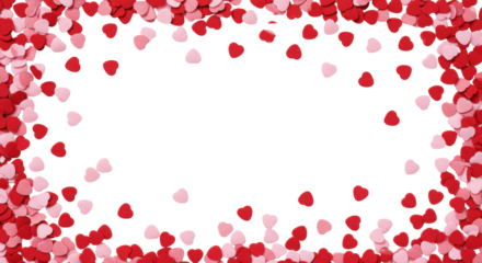 Vibrant red and pink heart confetti, shadowed, scattered on transparent background, overhead flat lay, soft studio light, concept of love and celebration