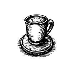 Intricate pen drawing showcases an inviting mug of beverage resting atop a rustic coaster