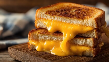 Melted cheese on two slices of toasted bread.  Melted, golden, oozing cheese fills the sandwich