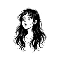 Intrigued young woman manga art style illustration revealing a wide eyed surprise expression on
