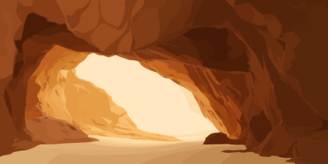 Warm-toned, stylized illustration of a rocky cave interior looking towards a bright, sunlit exit.