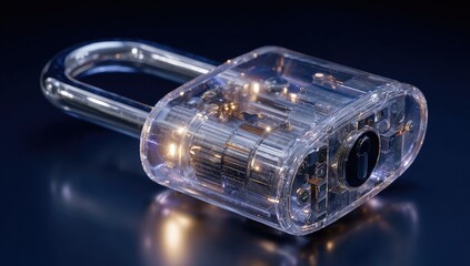 Transparent padlock with illuminated internal mechanisms.  A clear padlock, angled, reveals its intricate internal gears and mechanisms, glowing softly.  Dark background