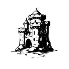 Majestic monochrome depiction of a vintage fortified castle with turrets and arched gateway
