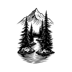 Majestic mountain landscape with towering pines and winding river illustration evoking a sense of