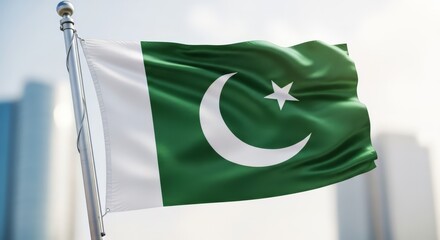 Waving Pakistan Flag with Urban Skyline &ndash; National Pride Concept