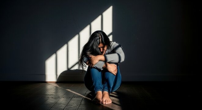 Image of sad woman sitting alone in dark room with light depicting mental health struggles concept violence against women.