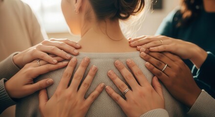 Supportive hands on back showing empathy and care for a friend in need in a moment of comfort and love violence against women.