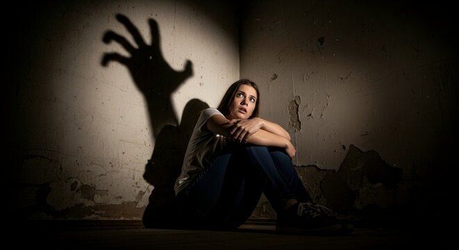 Woman scared of shadow hand in dark room horror fear anxiety phobia nightmare psychological thriller violence against women. - Powered by Adobe