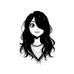 Monochrome artwork of a young woman with flowing hair and expressive eyes in a minimalist style