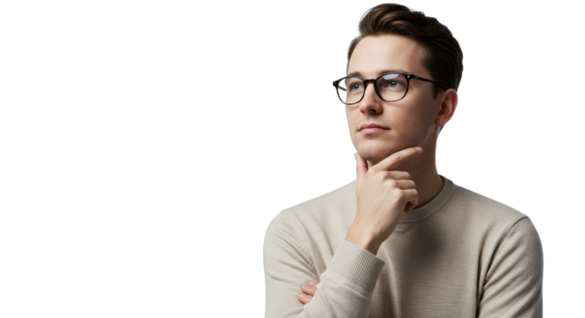 Young adult male professional in a crewneck sweater, deeply contemplative, hand to chin, gaze into copy space, against a soft studio gradient background, concept of strategic thinking and innovation