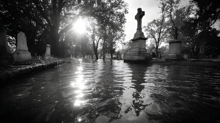 Serene Black and White Reflection in a Cemetery at Sunrise
