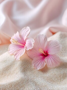 Two delicate, pale pink hibiscus flowers rest on a bed of light beige sand, atop a soft, flowing pink silk fabric