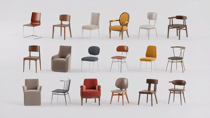 15 realistic 3D chair icons. White background. Varied styles & materials.