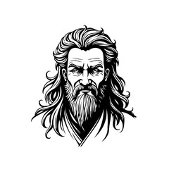 Monochrome illustration of a pensive bearded man with flowing hair showcases artistic expression