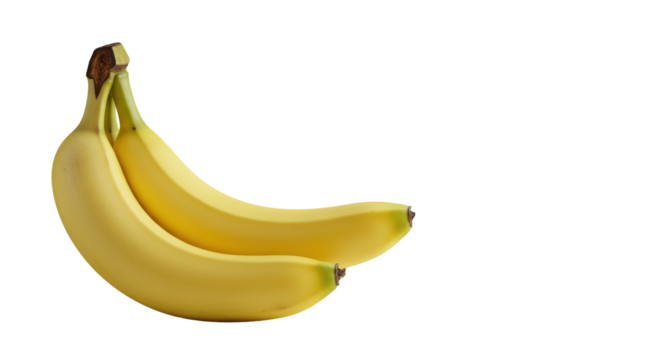 Pristine, vibrant, ripe yellow bananas on a transparent matte surface with soft shadows, clear negative space on right, shallow depth of field. Concept of natural freshness and healthy living