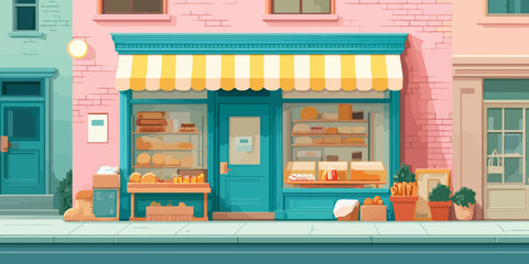 Charming illustrated bakery storefront with a striped awning and fresh bread display.