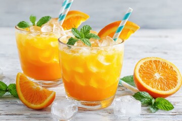 Two glasses of refreshing orange juice, garnished with mint and ice, sit on a light wooden surface