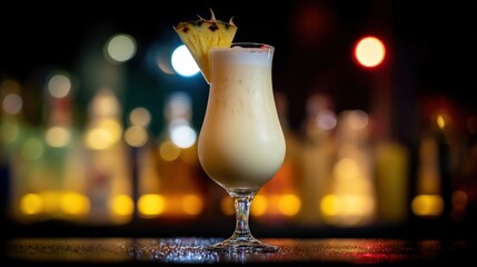 A vibrant Pina Colada cocktail, creamy and topped with whipped cream, is beautifully presented with a slice of pineapple. The background showcases a lively beach bar ambiance during sunset