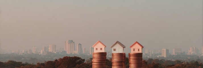Modern Real Estate Investment Concept with Neatly Stacked Houses on Coins, Authentic Urban Growth Visual for Professional Marketing and Social Media Campaigns
