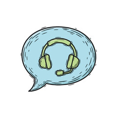 Hand-drawn Customer Support Headset in Speech Bubble. E-commerce Online Help Desk, Contact Us Icon, Doodle Illustration.