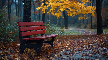 A red and black wooden bench with a cushion, surrounded by autumn leaves, in a park with trees and a path.