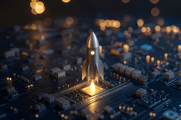 Technological Launch: A gleaming rocket ship ascends from a motherboard, symbolizing innovation, progress, and the explosive potential of technology