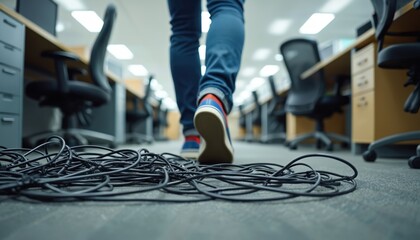 Person walks through office space, navigating messy tangled computer cables on floor. Wires create tripping hazard in cluttered workplace. Represents technology connectivity problems, need for