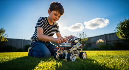 Young Inventor's Playtime: A young boy, engrossed in the process of assembling a robotic device in the sunny outdoors.