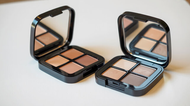 Two elegant eyeshadow palettes showcasing neutral shades and sophisticated packaging for beauty and cosmetic branding.