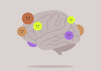 A stylized brain displays a variety of colorful smiley faces representing different emotions, showcasing the intricate relationship between feelings and mental processes in a visually engaging manner