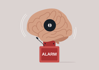 A creative illustration showcasing a brain concept integrated with an alarm clock, symbolizing awareness and the importance of mental alertness, This artwork prompts reflection on cognitive health.