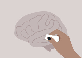 A hand gently erases parts of a stylized brain illustration, symbolizing the process of learning and unlearning in a contemplative moment of creativity, set against a soft pastel background