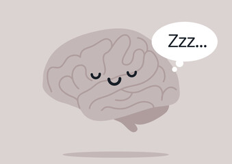 A charming brain character is portrayed with closed eyes and a serene expression, embodying relaxation and peace, It floats gently, suggesting dreamy thoughts and a peaceful state of mind.