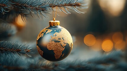 A beautiful Christmas ornament depicts the world, sparkling with gold, on a Christmas tree.