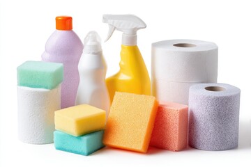 Assorted cleaning supplies, including bottles of liquid, spray, and sponges, plus toilet paper rolls, arranged on a white background