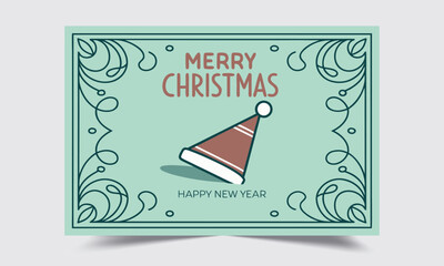 Merry Christmas and Happy New Year greeting card design with Santa hat and decorative border, elegant festive holiday postcard illustration for winter season celebration template